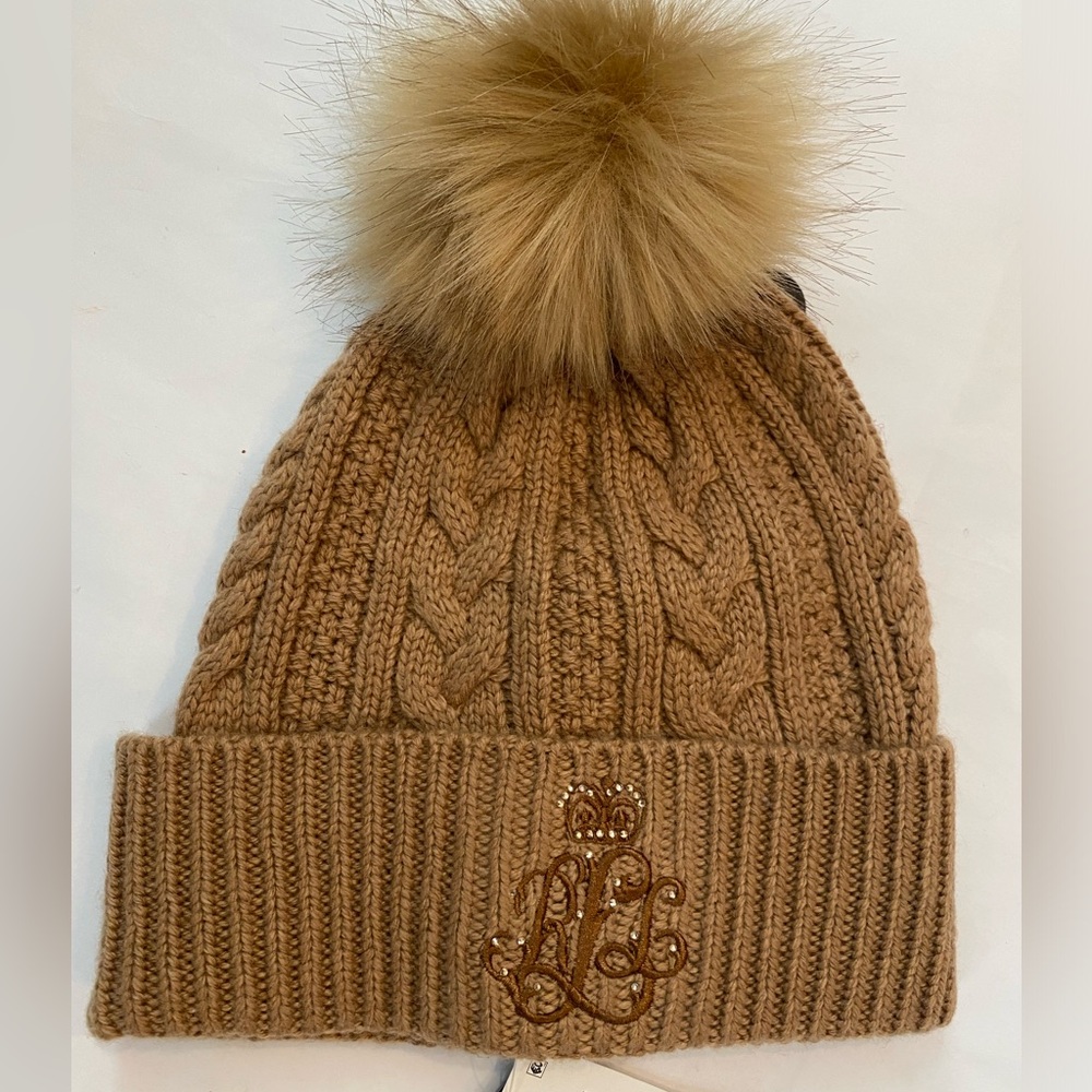 Lauren Ralph Lauren Tan Logo Direct Embroidery & Stones Cable knit Hat Beanie - Picture 2 of 3